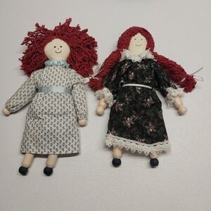 Vintage Handmade Raggedy Ann Style Clothespin Dolls Primitive Folk Art Pair